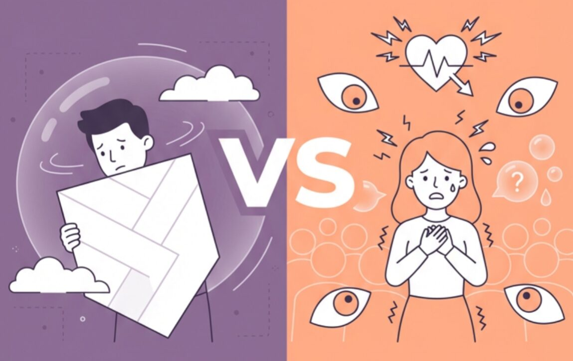 image of split screen between people with avoidant personality disorder vs social anxiety